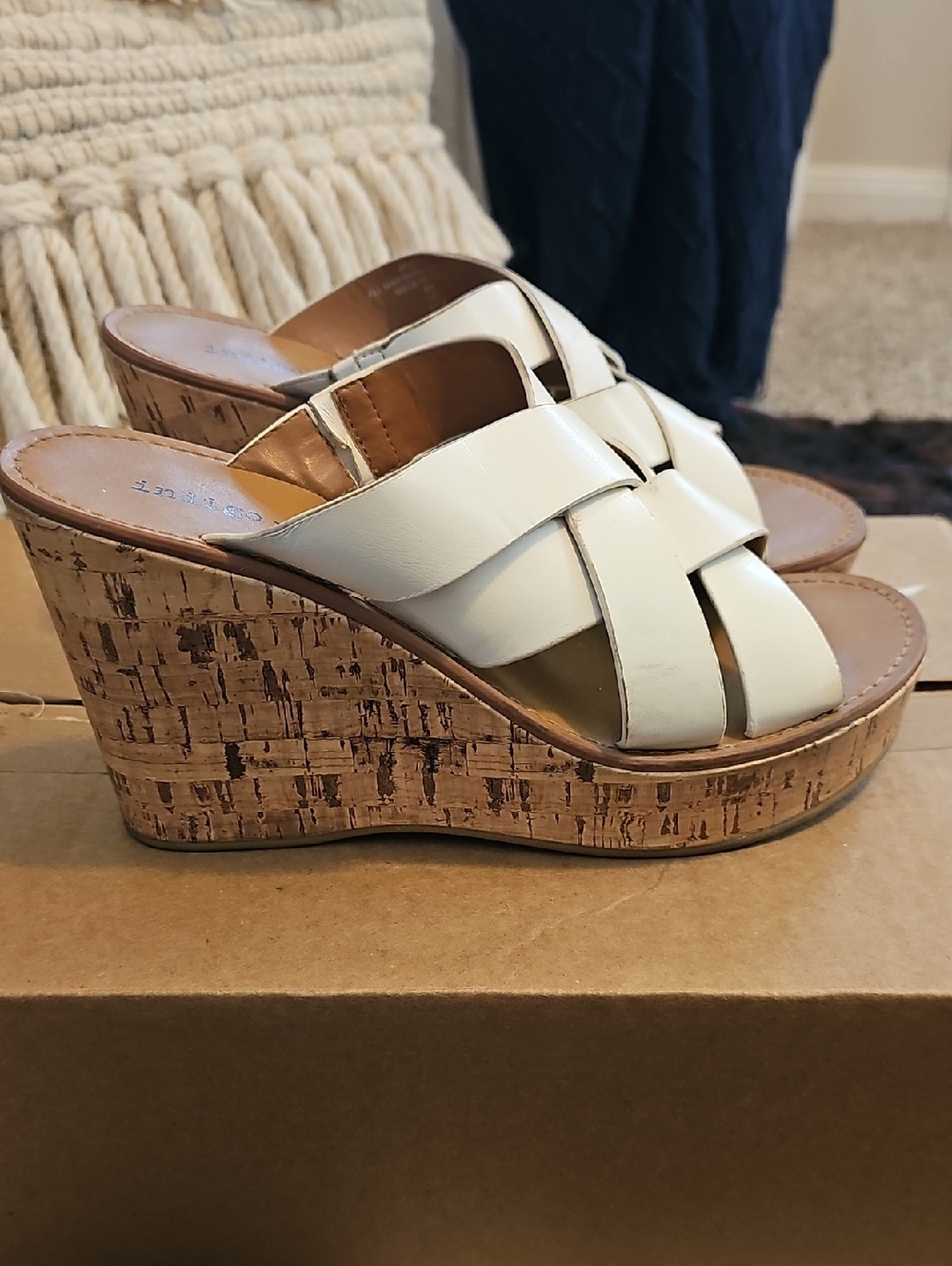 Indigo White Cork Wedge Slide Sandals
